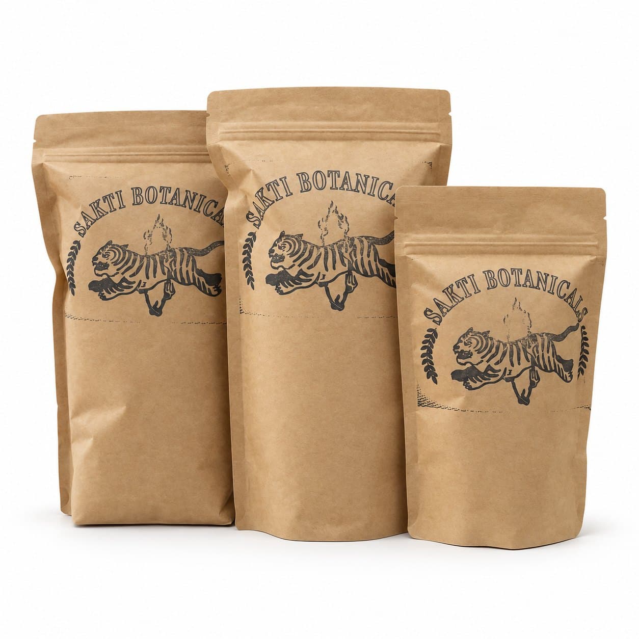 Sakti Botanicals kraft bags of kratom in three sizes