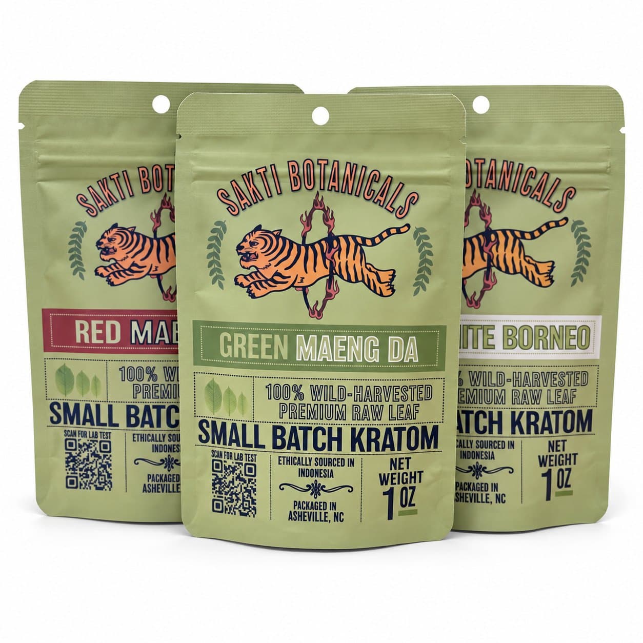 Three Sakti Botanicals green bags of Green, Red, and White kratom