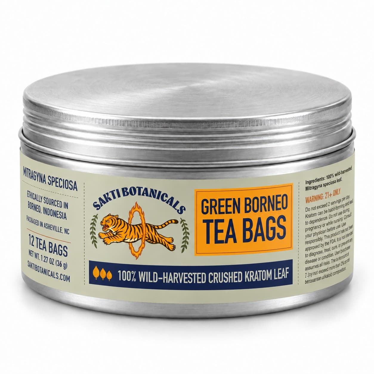 Silver tin of Green Borneo crushed leaf tea bags, 12 count